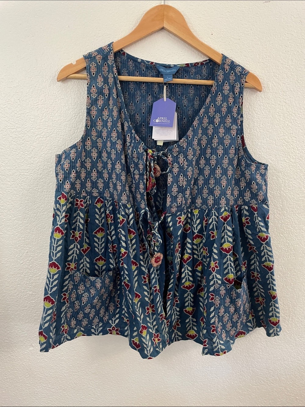 April Cornell NWT Teal Blue Floral Tiered patchwork Tie-Front Tunic boho L
